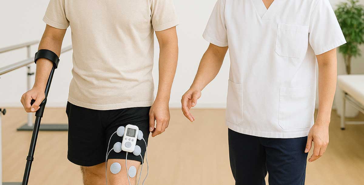 神経筋電気刺激装置を装着し、杖を使って歩行練習を行うリハビリ中の男性と指導する医療スタッフ