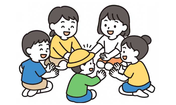 数人の子どもたちが輪になって座り、楽しそうに手遊びをしているイラスト