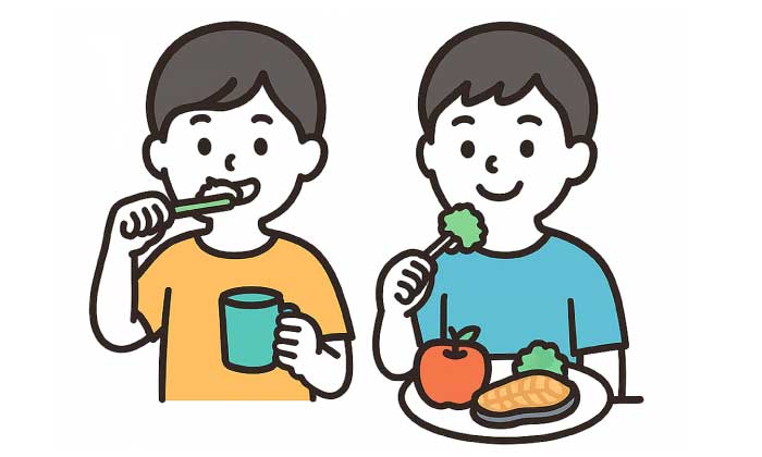 男の子が歯磨きを、もう一人の男の子が食事をしているイラスト