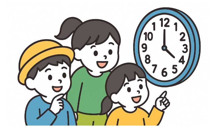 時計を指さしながら、3人の子どもたちが時間について話しているイラスト